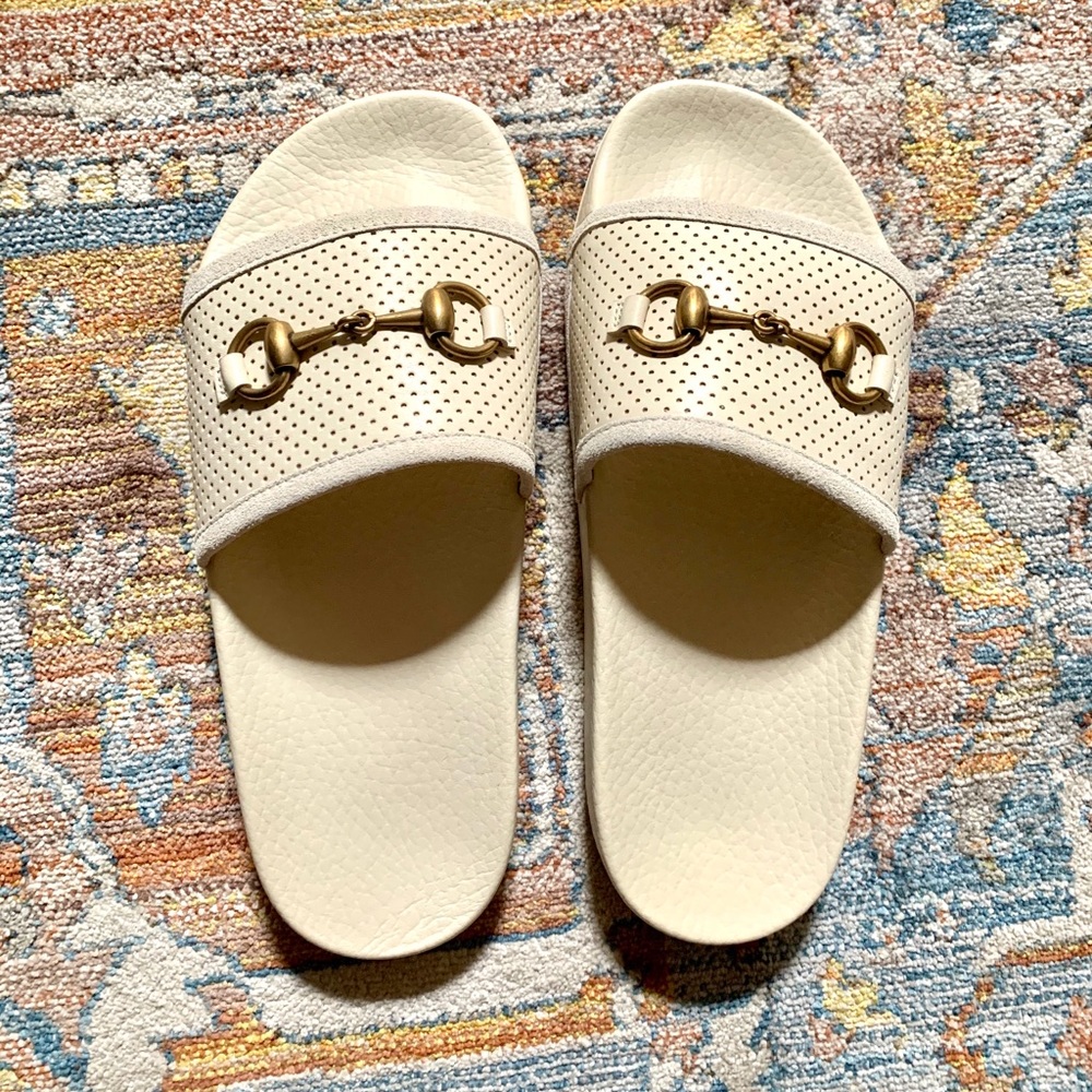 NWB Gucci Horsebit Leather Ivory Slide Sandals 38